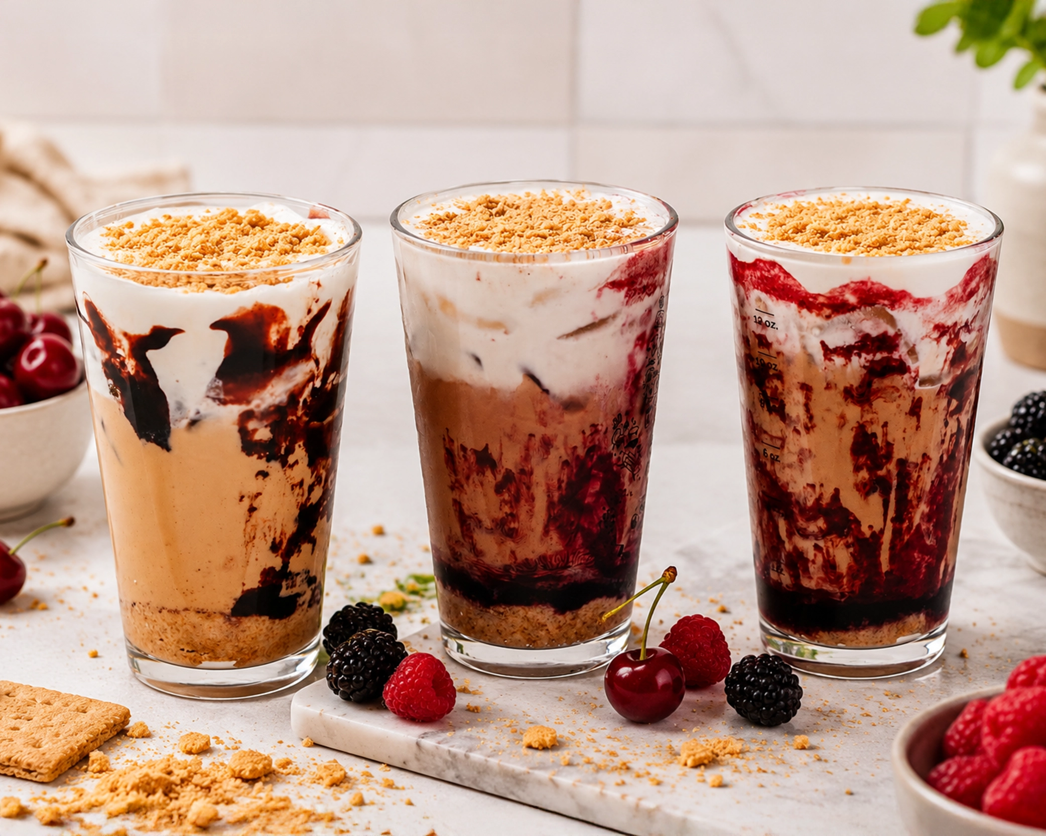 Cobbler-inspired iced coffee beverages arranged on a neutral kitchen tabletop with graham cracker crumbs, cherries, raspberries, and blackberries.
