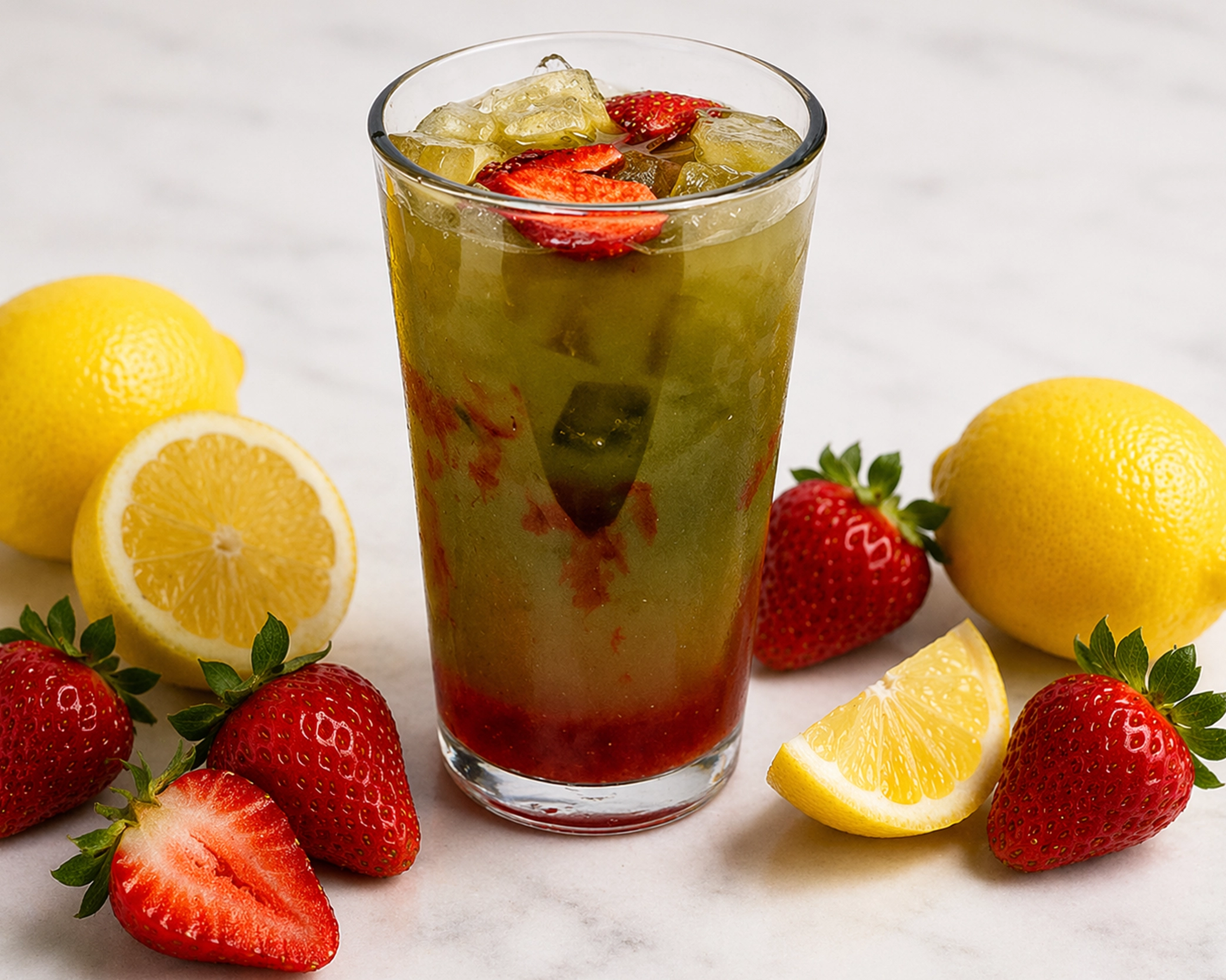 A tall glass of iced matcha mixed with lemonade and strawberries garnished with strawberries on top.