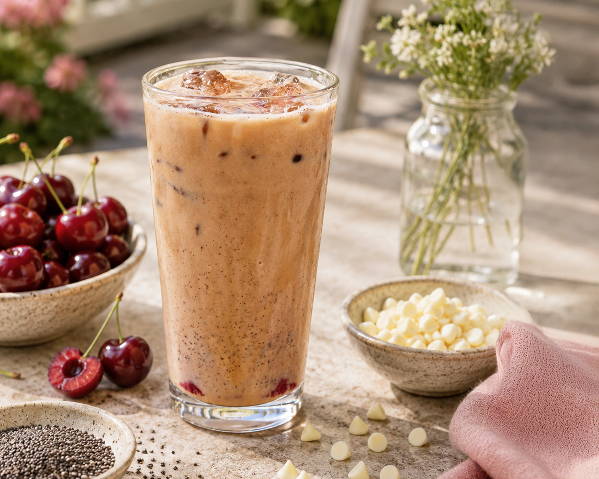 White chocolate cherry chai iced beverage styled on a sunlit outdoor patio table with fresh cherries, spices, and white chocolate chips in a summery café scene.